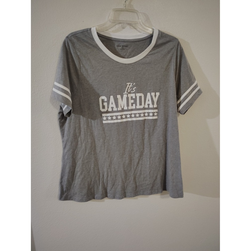 Lane Bryant Womens Its Gameday Ringer Graphic T-Shirt Grey White Size 14/16